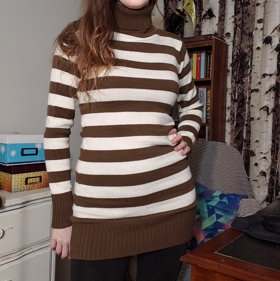 Striped bodycon turtleneck sweater dress